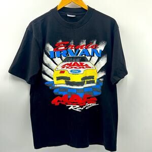 VINTAGE MAC TOOLS 90s ERNIE IRVAN MENS STREET WEAR T-SHIRT BLACK ALLOVER PRINT